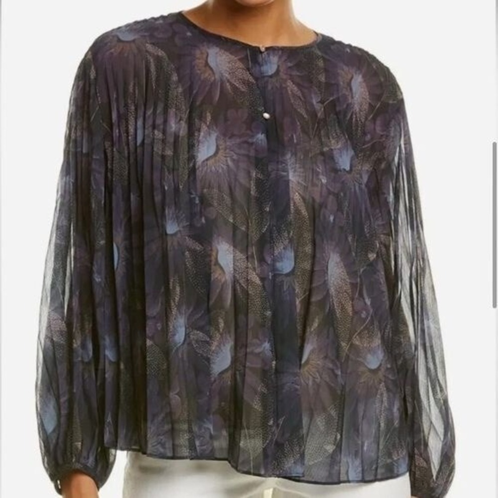 Vince Lazuli Deco Floral Pleated Sheer Blouse Navy Size XL